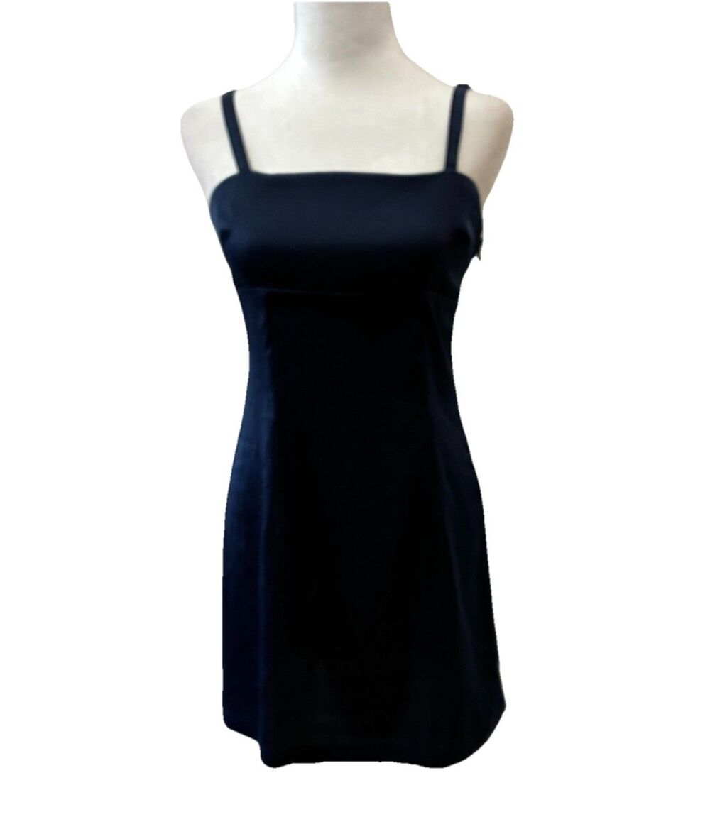 Urban Outfitters Satin Slip Dress Size Medium Navy Blue Empire Mini Open Back
